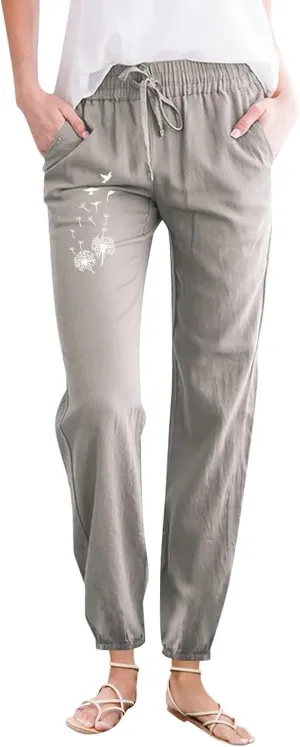 Linen Pants for Women Ladies Casual Summer Loose Beach Solid Color Plus Size High Waist Linen Pants Plus Size Ankle Trousers
