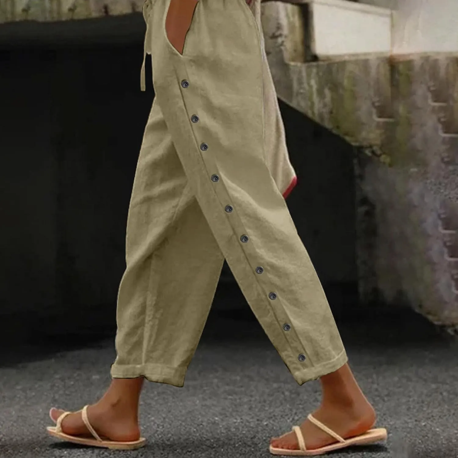Linen Pants for Women Side Button Summer Trendy Elastic Waist Straight Leg Loose Casual Cropped Trousers with Pockets