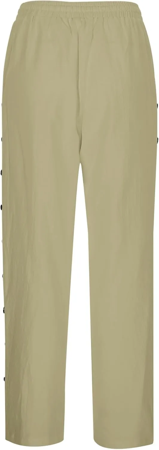 Linen Pants for Women Side Button Summer Trendy Elastic Waist Straight Leg Loose Casual Cropped Trousers with Pockets