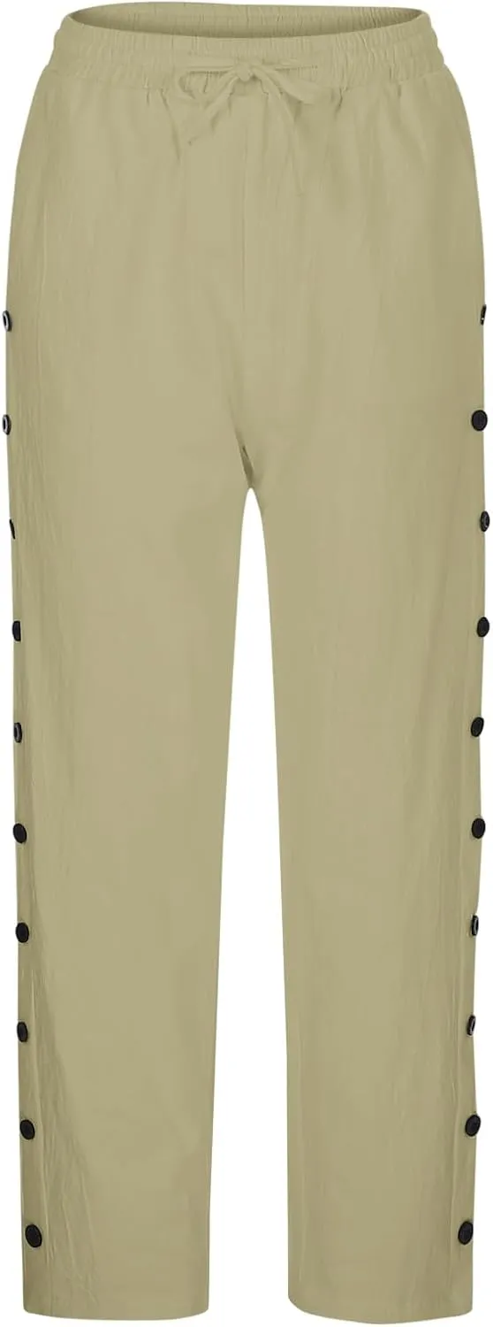 Linen Pants for Women Side Button Summer Trendy Elastic Waist Straight Leg Loose Casual Cropped Trousers with Pockets