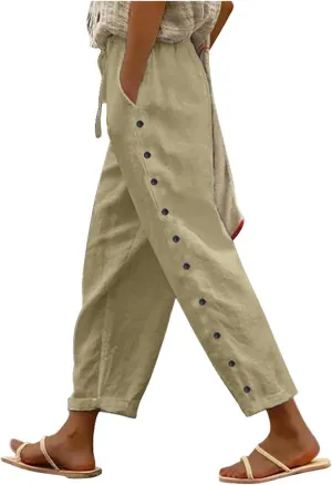 Linen Pants for Women Side Button Summer Trendy Elastic Waist Straight Leg Loose Casual Cropped Trousers with Pockets
