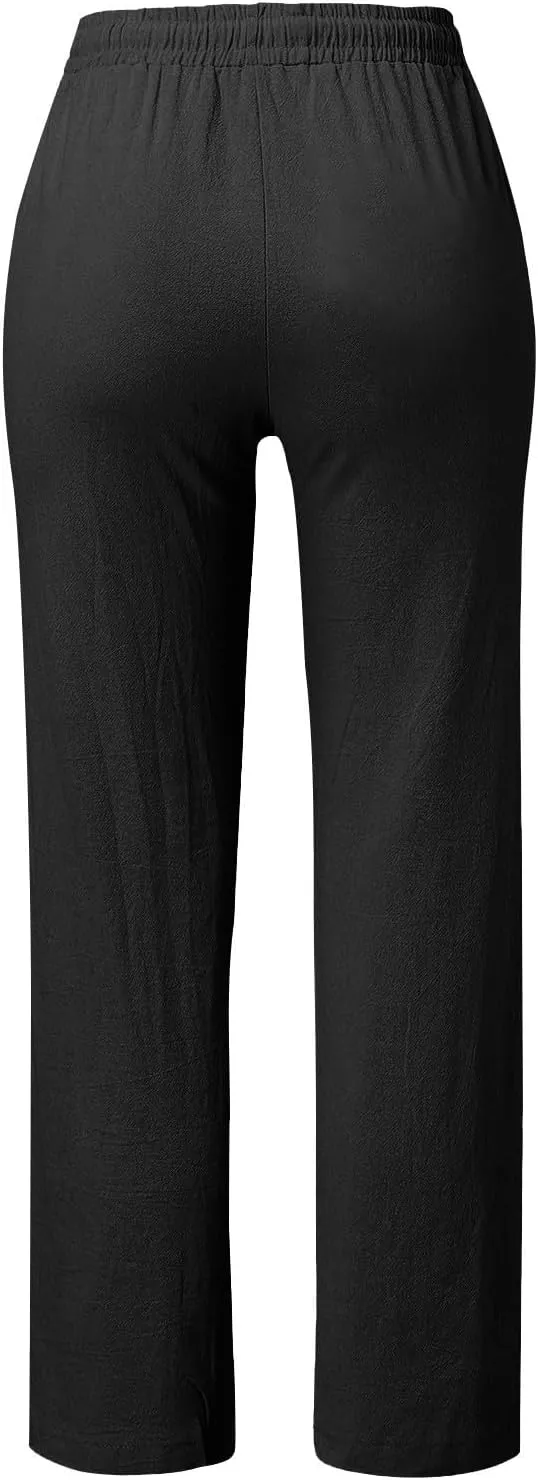 Linen Pants for Women Summer Drawstring Pockets Wide Leg Loose Casual Cotton Linen Palazzo Pants Beach Yoga Pant