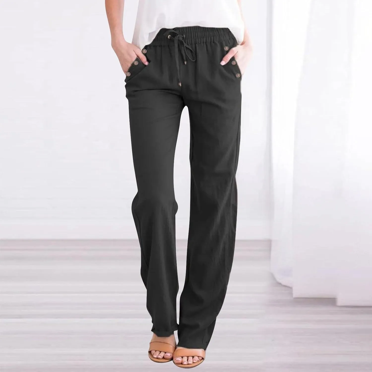 Linen Pants for Women Summer Drawstring Pockets Wide Leg Loose Casual Cotton Linen Palazzo Pants Beach Yoga Pant
