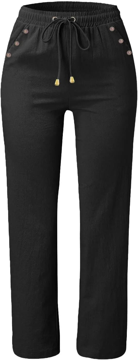 Linen Pants for Women Summer Drawstring Pockets Wide Leg Loose Casual Cotton Linen Palazzo Pants Beach Yoga Pant