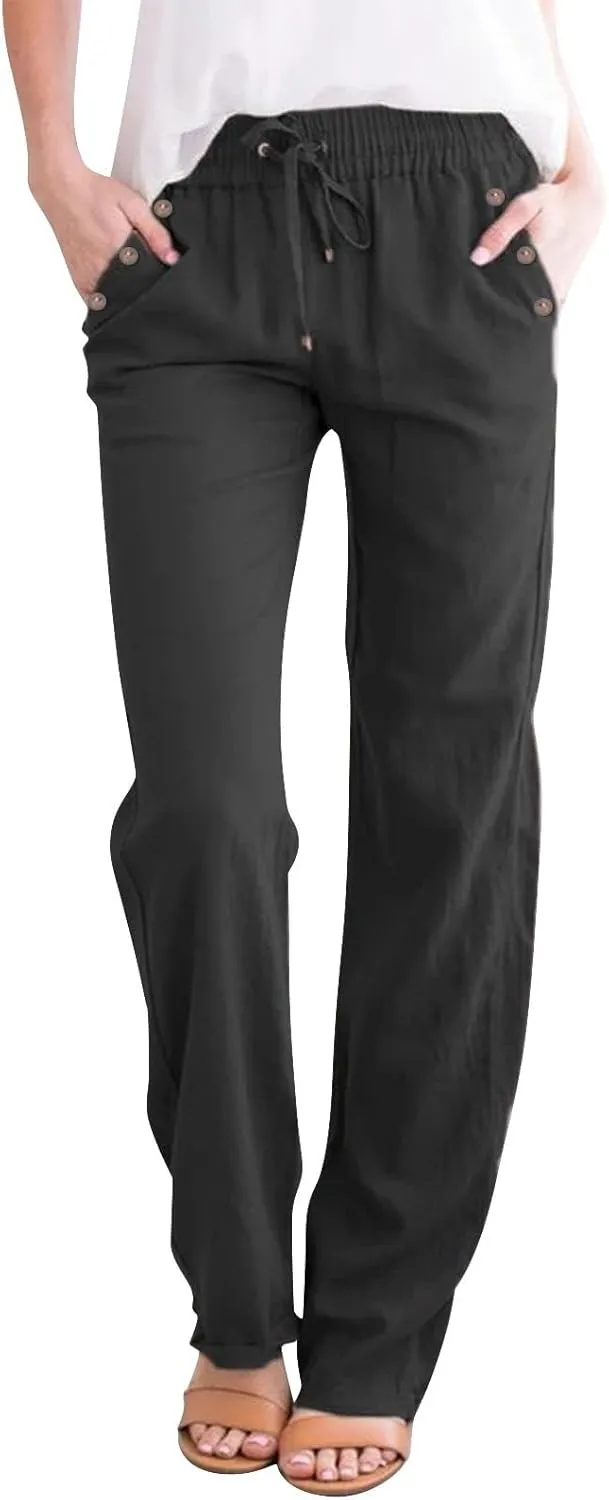 Linen Pants for Women Summer Drawstring Pockets Wide Leg Loose Casual Cotton Linen Palazzo Pants Beach Yoga Pant
