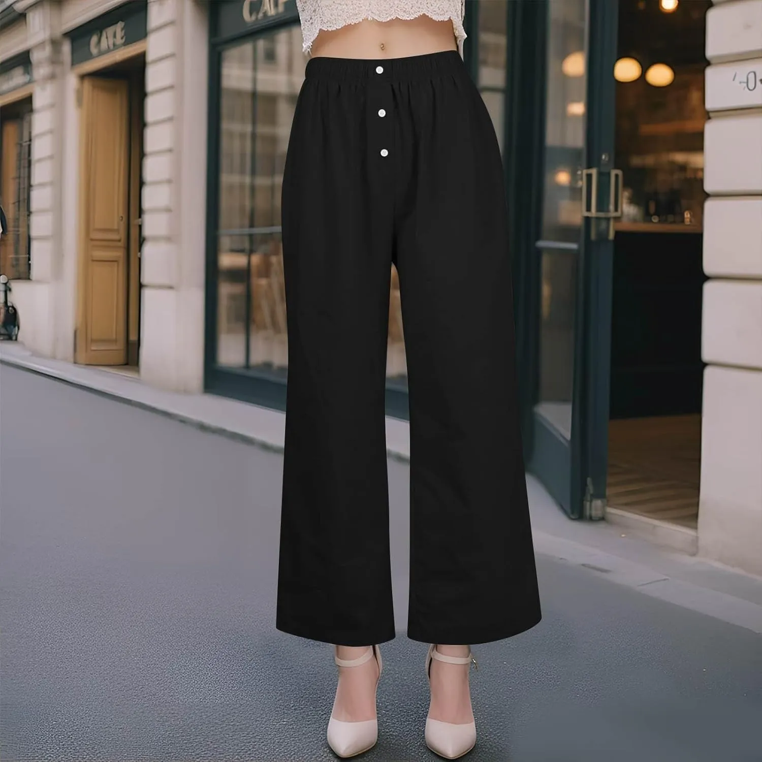 Linen Pants for Women Summer High Waisted Wide Leg Palazzo Pants Palazzo Pant Dressy Trouser with Pockets (S-2Xl)