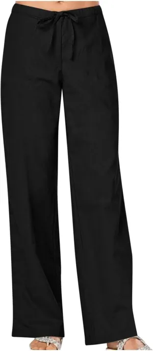 Linen Pants for Women Summer Lightweight Lounge Wide Leg Trousers Drawstring Low Waisted Palazzo Pants with Pockets