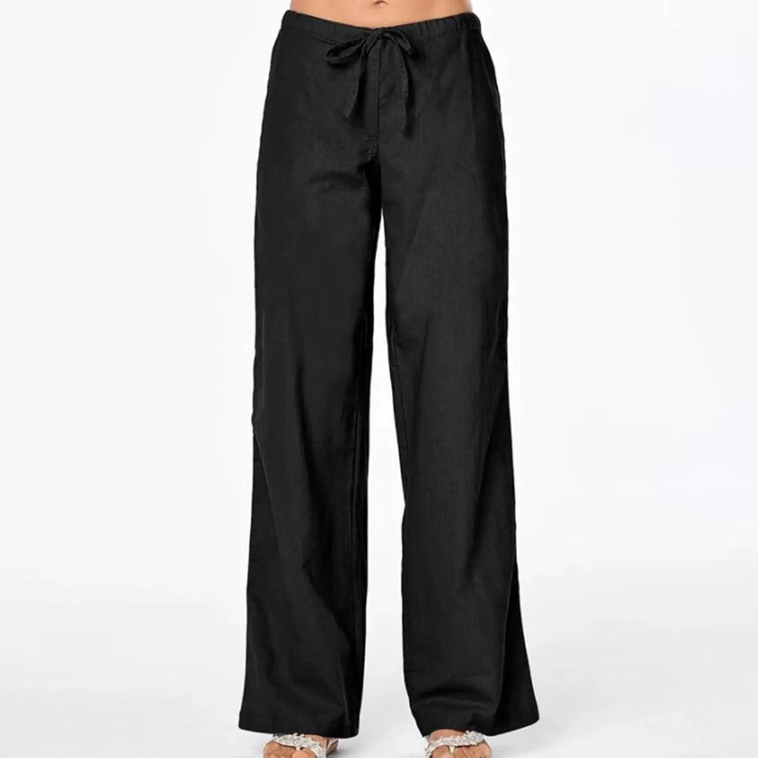 Linen Pants for Women Summer Lightweight Lounge Wide Leg Trousers Drawstring Low Waisted Palazzo Pants with Pockets