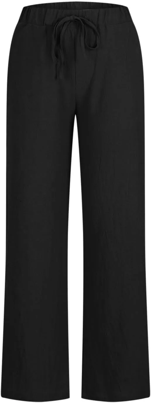 Linen Pants for Women Summer Lightweight Lounge Wide Leg Trousers Drawstring Low Waisted Palazzo Pants with Pockets