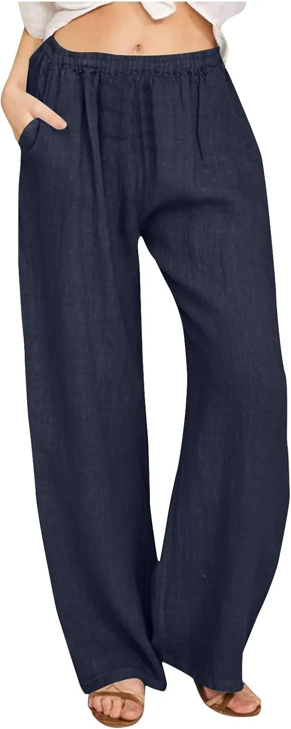 Linen Pants for Women Summer Solid Elastic Waist Wide Leg Loose Casual Vacation Beach Gauze Palazzo Pant with Pockets