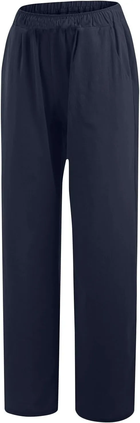 Linen Pants for Women Summer Solid Elastic Waist Wide Leg Loose Casual Vacation Beach Gauze Palazzo Pant with Pockets