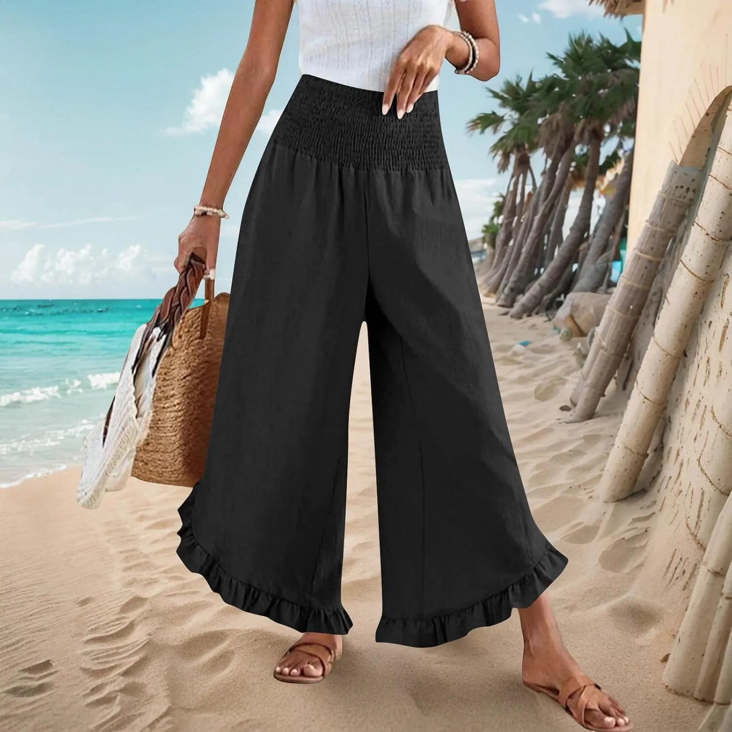Linen Pants for Women Summer Wide Leg High Waisted Flowy Palazzo Casual Solid Smocked Beach Capri Trousers
