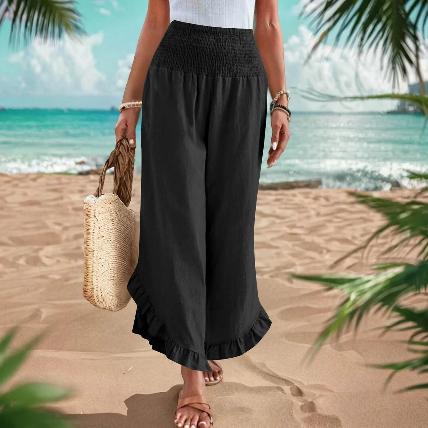 Linen Pants for Women Summer Wide Leg High Waisted Flowy Palazzo Casual Solid Smocked Beach Capri Trousers