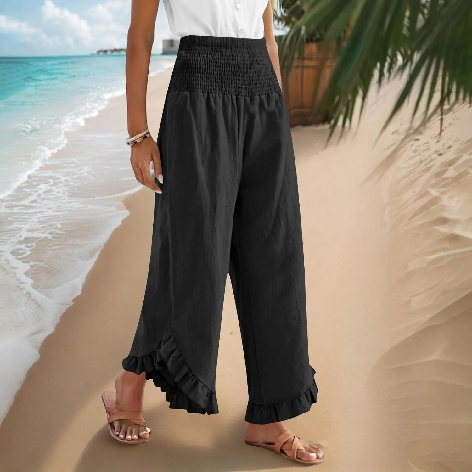 Linen Pants for Women Summer Wide Leg High Waisted Flowy Palazzo Casual Solid Smocked Beach Capri Trousers