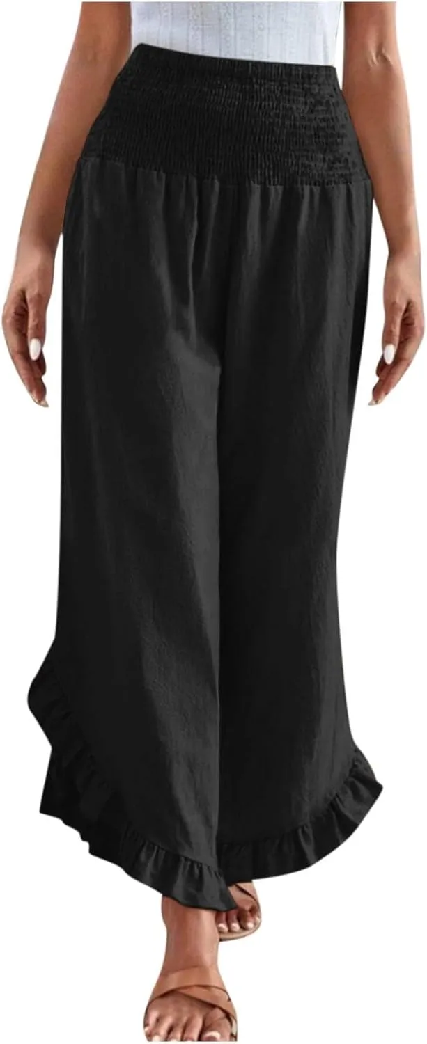 Linen Pants for Women Summer Wide Leg High Waisted Flowy Palazzo Casual Solid Smocked Beach Capri Trousers
