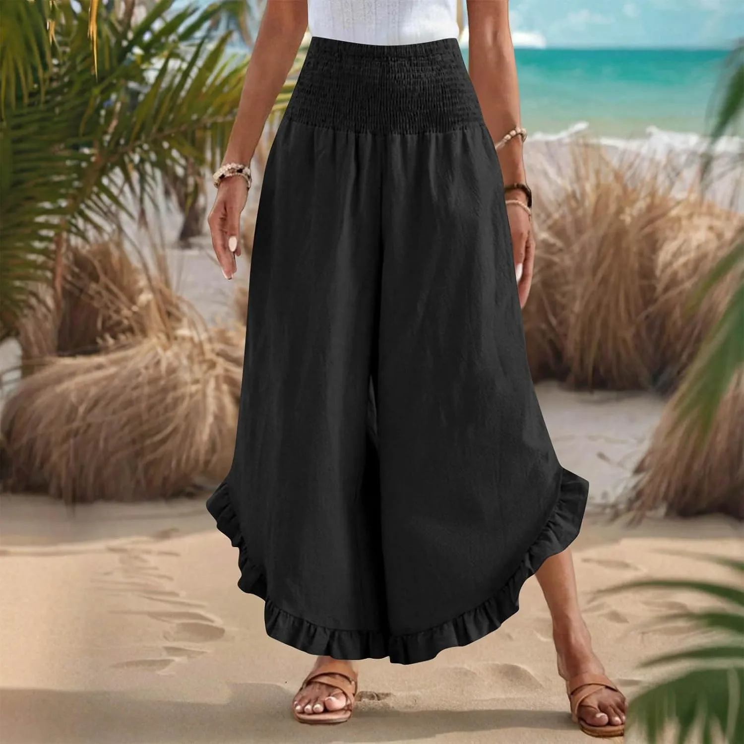 Linen Pants for Women Summer Wide Leg High Waisted Flowy Palazzo Casual Solid Smocked Beach Capri Trousers