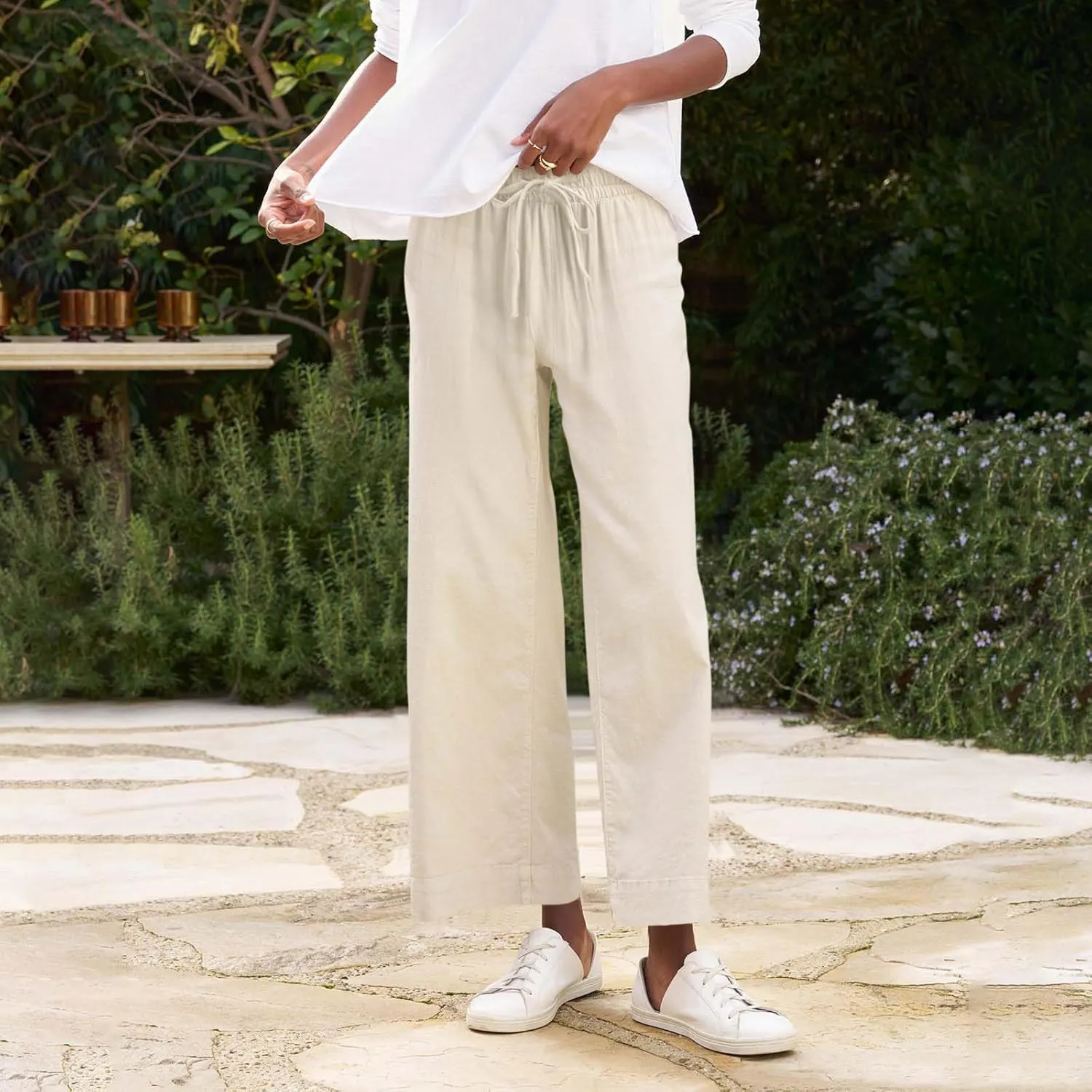 Linen Pants for Women Trendy Summer Elastic High Waisted Palazzo Pants Dressy Casual with Pockets Solid Clothes Baggy