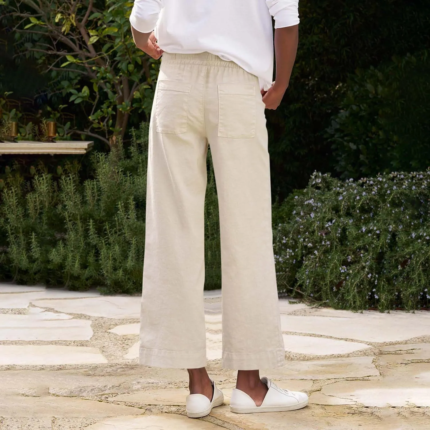 Linen Pants for Women Trendy Summer Elastic High Waisted Palazzo Pants Dressy Casual with Pockets Solid Clothes Baggy