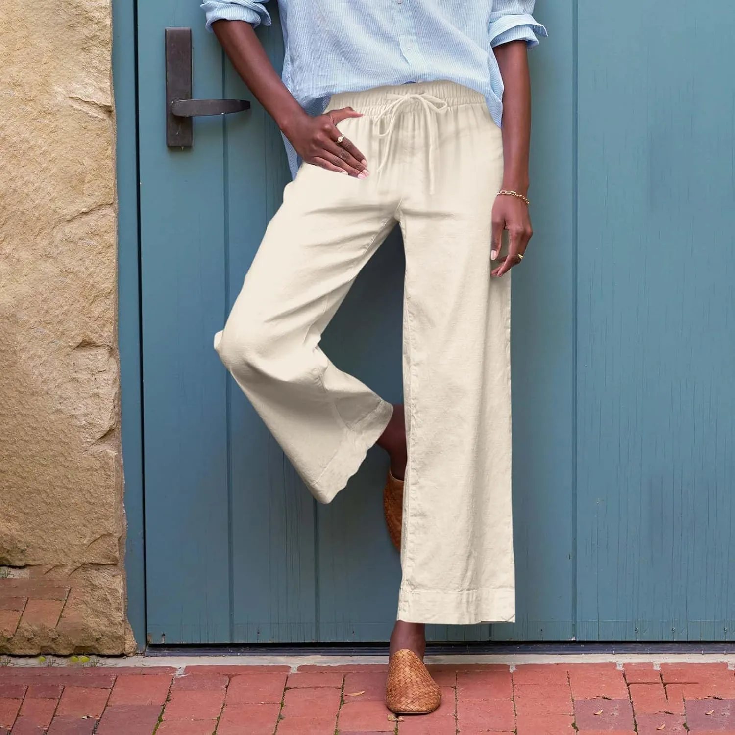 Linen Pants for Women Trendy Summer Elastic High Waisted Palazzo Pants Dressy Casual with Pockets Solid Clothes Baggy
