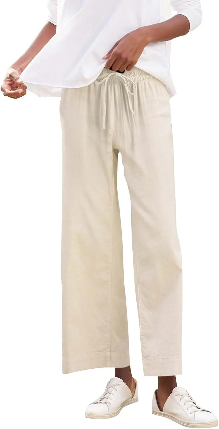 Linen Pants for Women Trendy Summer Elastic High Waisted Palazzo Pants Dressy Casual with Pockets Solid Clothes Baggy