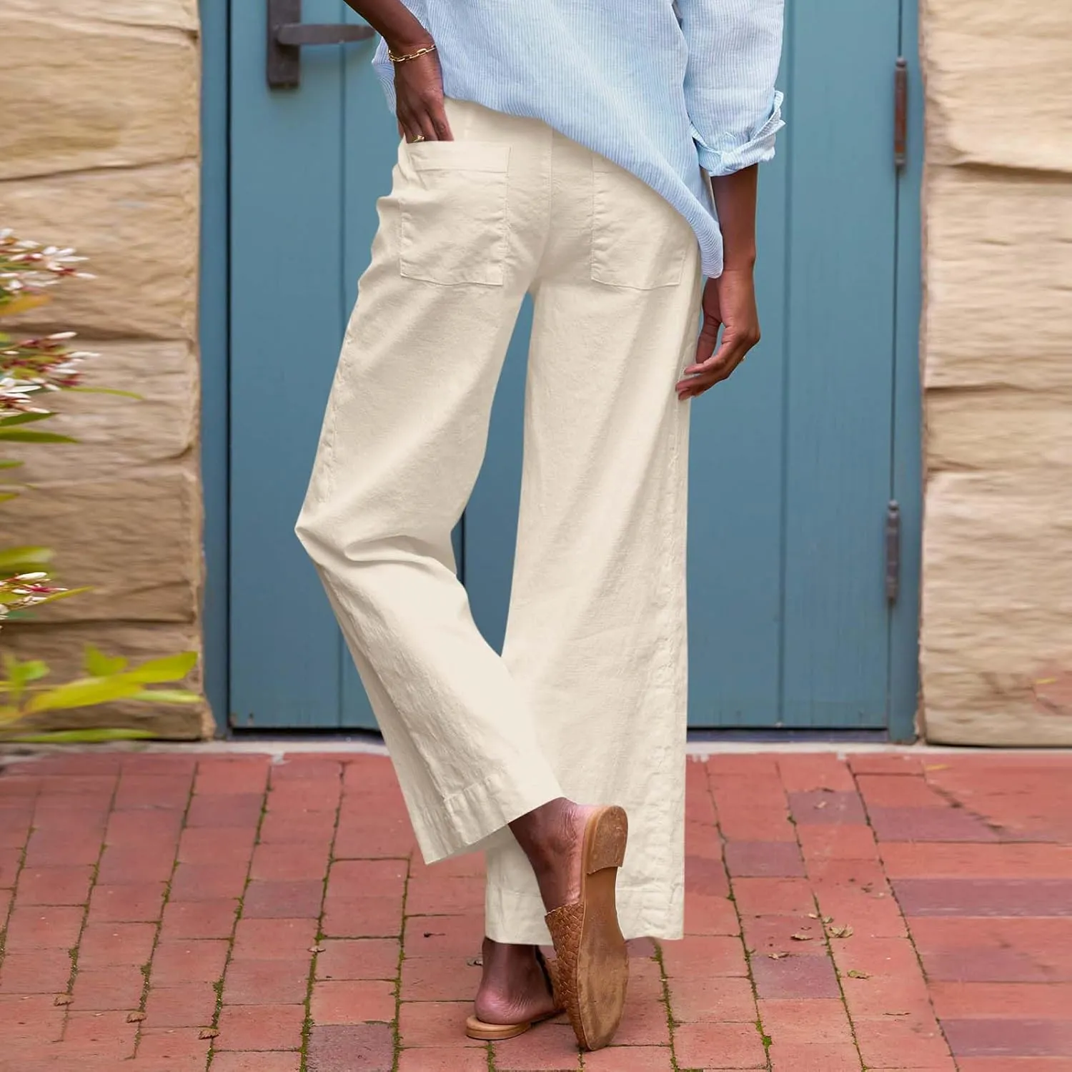 Linen Pants for Women Trendy Summer Elastic High Waisted Palazzo Pants Dressy Casual with Pockets Solid Clothes Baggy