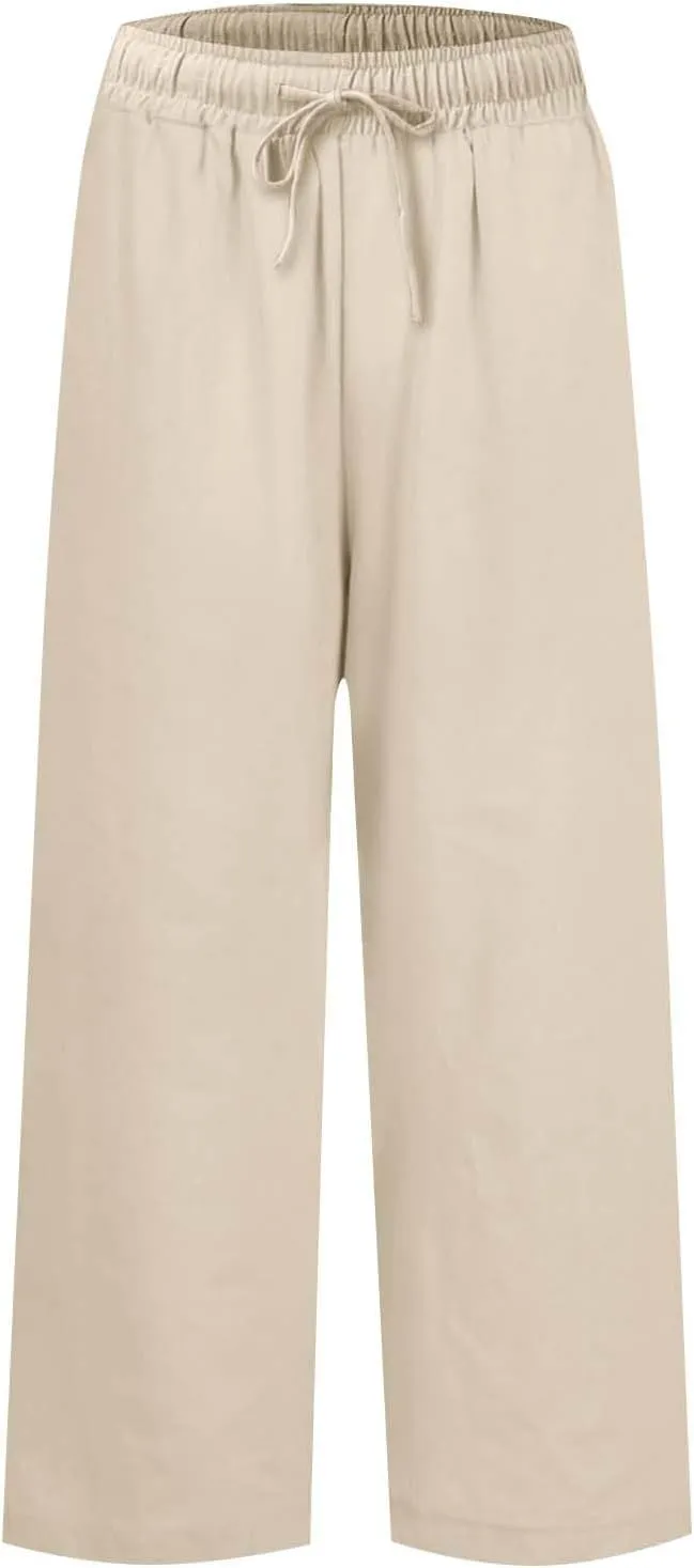 Linen Pants for Women Trendy Summer Elastic High Waisted Palazzo Pants Dressy Casual with Pockets Solid Clothes Baggy