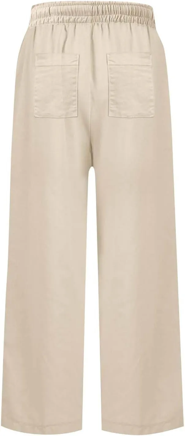 Linen Pants for Women Trendy Summer Elastic High Waisted Palazzo Pants Dressy Casual with Pockets Solid Clothes Baggy