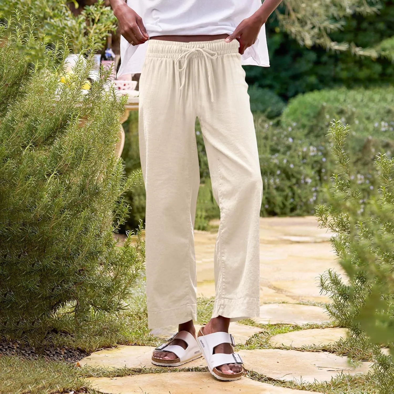 Linen Pants for Women Trendy Summer Elastic High Waisted Palazzo Pants Dressy Casual with Pockets Solid Clothes Baggy
