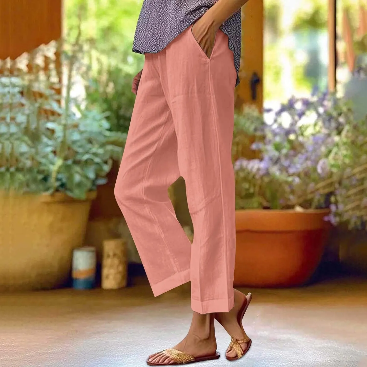 Linen Pants for Women Wide Leg Elastic High Waisted Palazzo Pants 2025 Summer Boho Floral Lightweight Beach Trousers