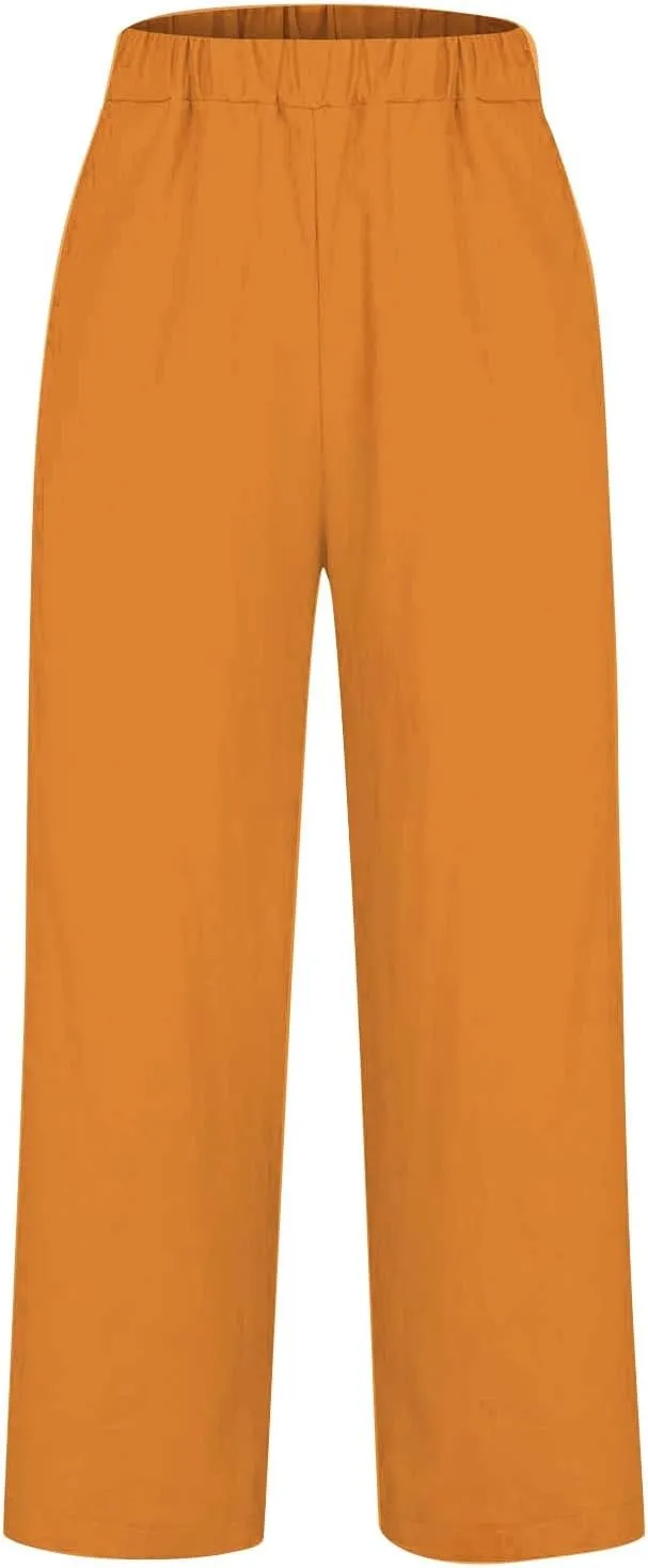 Linen Pants for Women Wide Leg Elastic High Waisted Palazzo Pants 2025 Summer Boho Floral Lightweight Beach Trousers