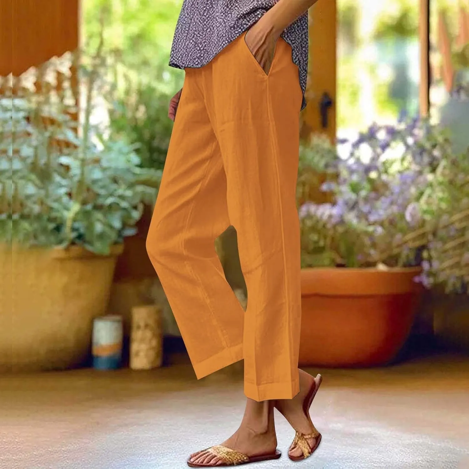 Linen Pants for Women Wide Leg Elastic High Waisted Palazzo Pants 2025 Summer Boho Floral Lightweight Beach Trousers