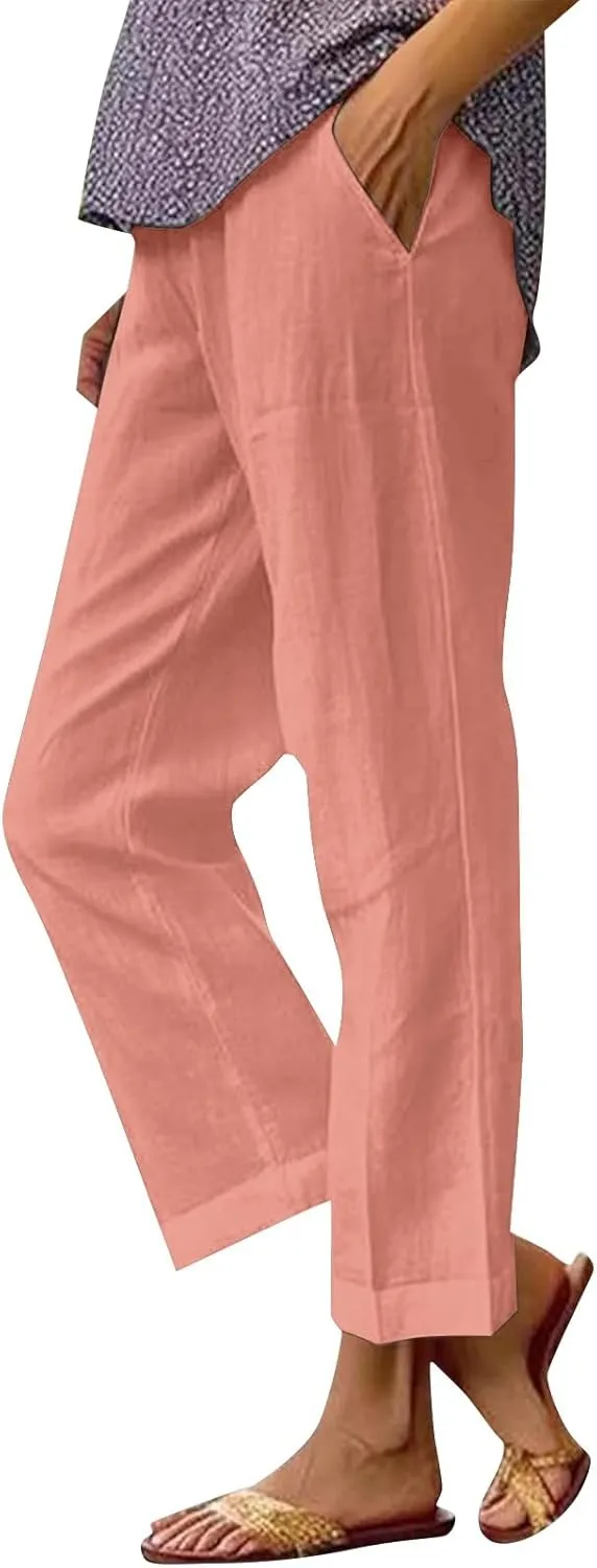 Linen Pants for Women Wide Leg Elastic High Waisted Palazzo Pants 2025 Summer Boho Floral Lightweight Beach Trousers