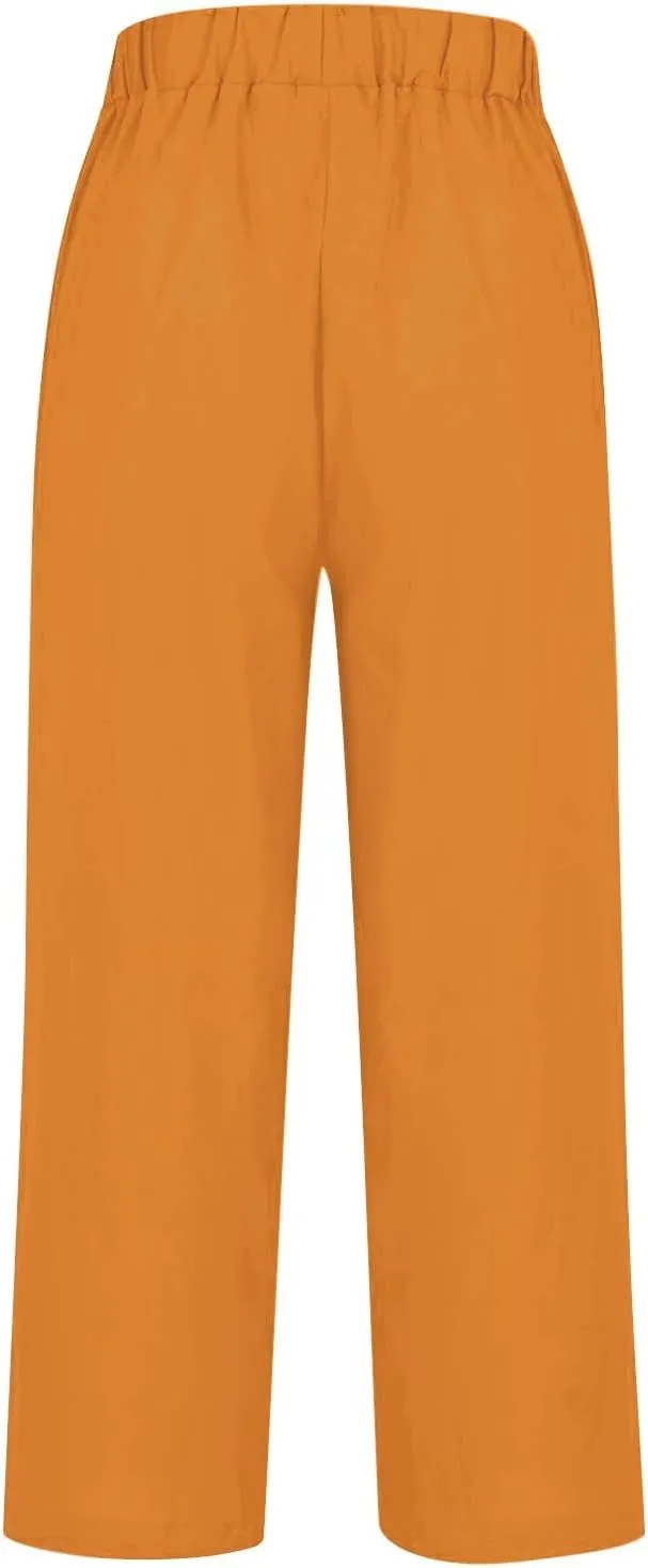 Linen Pants for Women Wide Leg Elastic High Waisted Palazzo Pants 2025 Summer Boho Floral Lightweight Beach Trousers