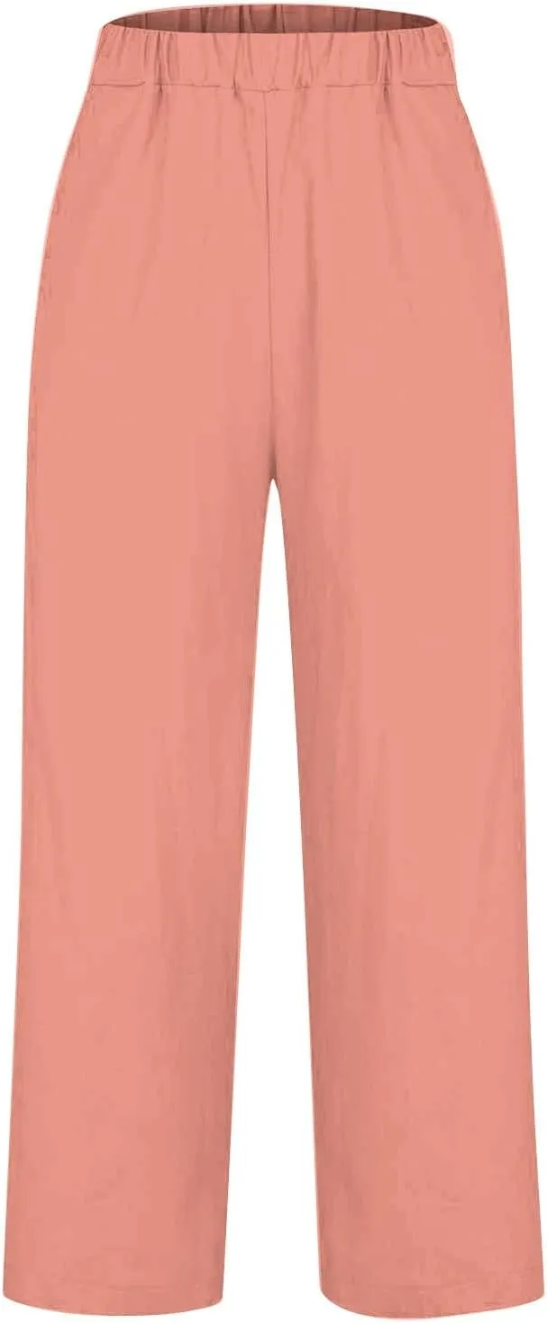Linen Pants for Women Wide Leg Elastic High Waisted Palazzo Pants 2025 Summer Boho Floral Lightweight Beach Trousers