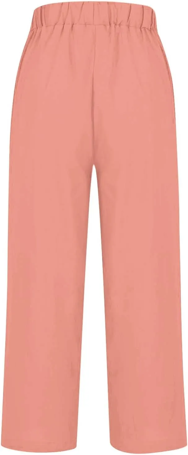 Linen Pants for Women Wide Leg Elastic High Waisted Palazzo Pants 2025 Summer Boho Floral Lightweight Beach Trousers