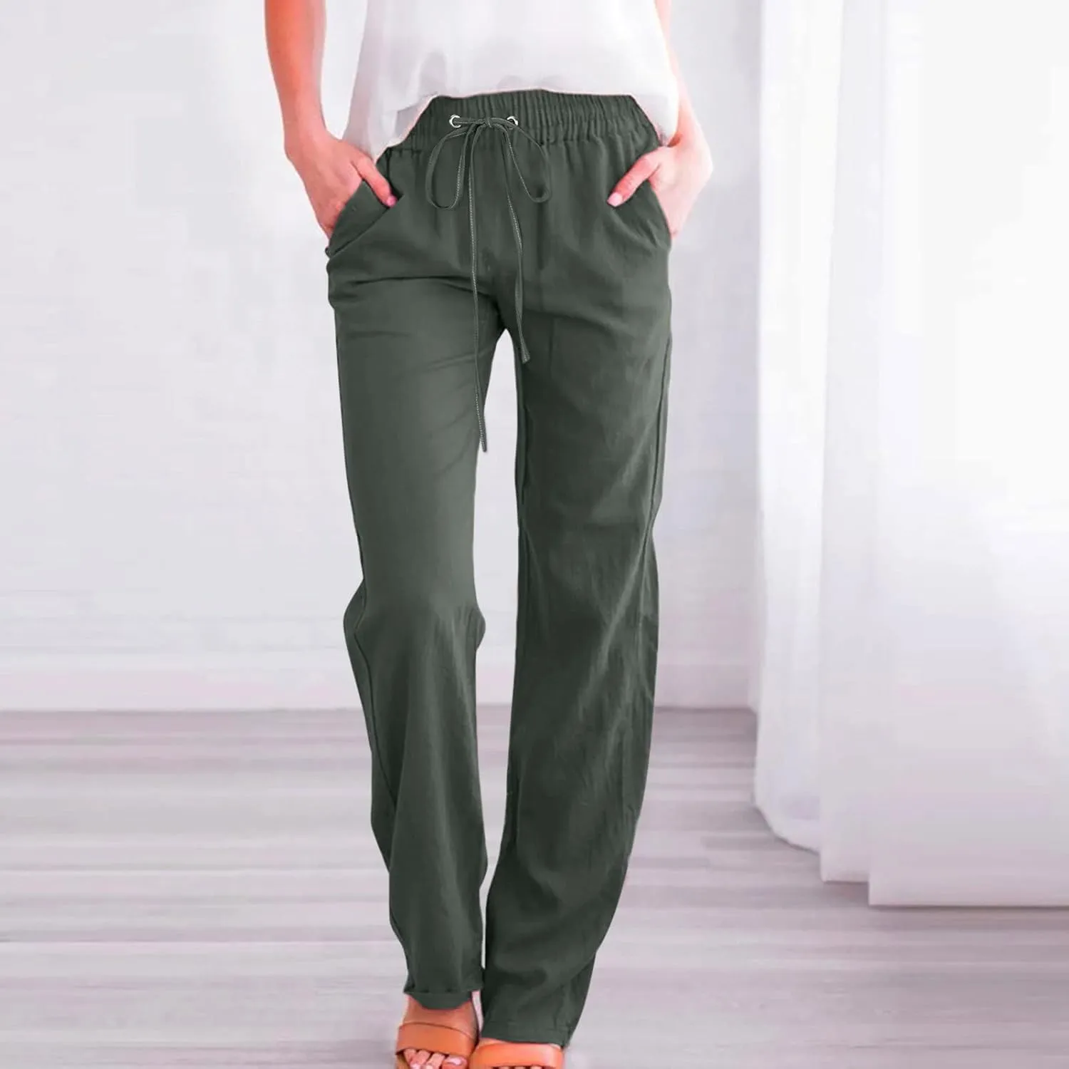 Linen Pants Women Casual Straight Leg Pants High Waist Drawstring Loose Fit Summer Pants Trousers with Pocket