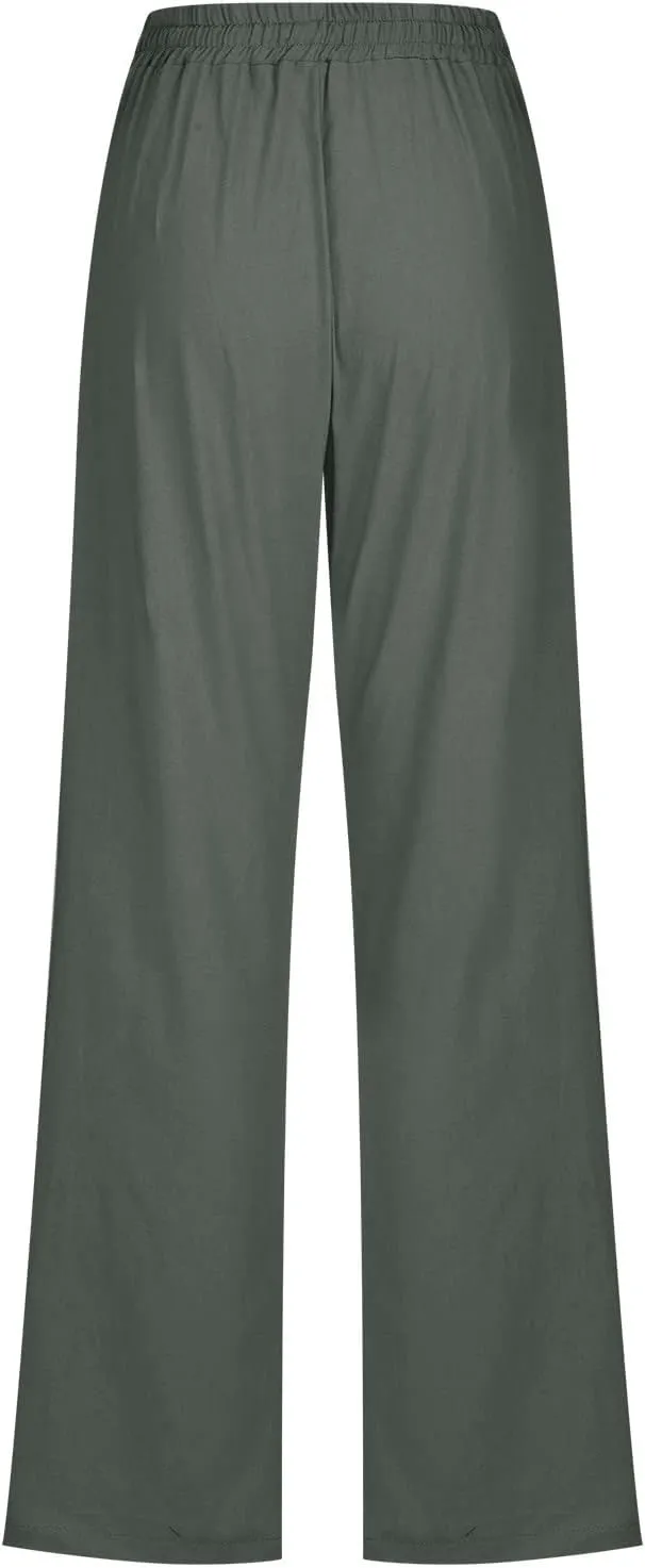 Linen Pants Women Casual Straight Leg Pants High Waist Drawstring Loose Fit Summer Pants Trousers with Pocket