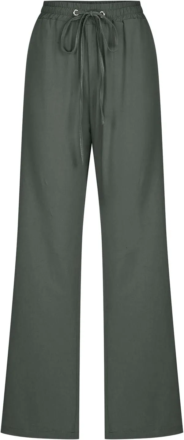 Linen Pants Women Casual Straight Leg Pants High Waist Drawstring Loose Fit Summer Pants Trousers with Pocket