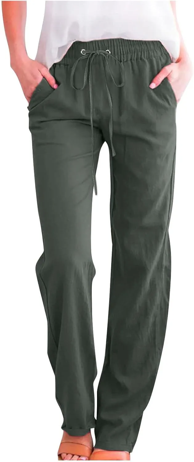 Linen Pants Women Casual Straight Leg Pants High Waist Drawstring Loose Fit Summer Pants Trousers with Pocket