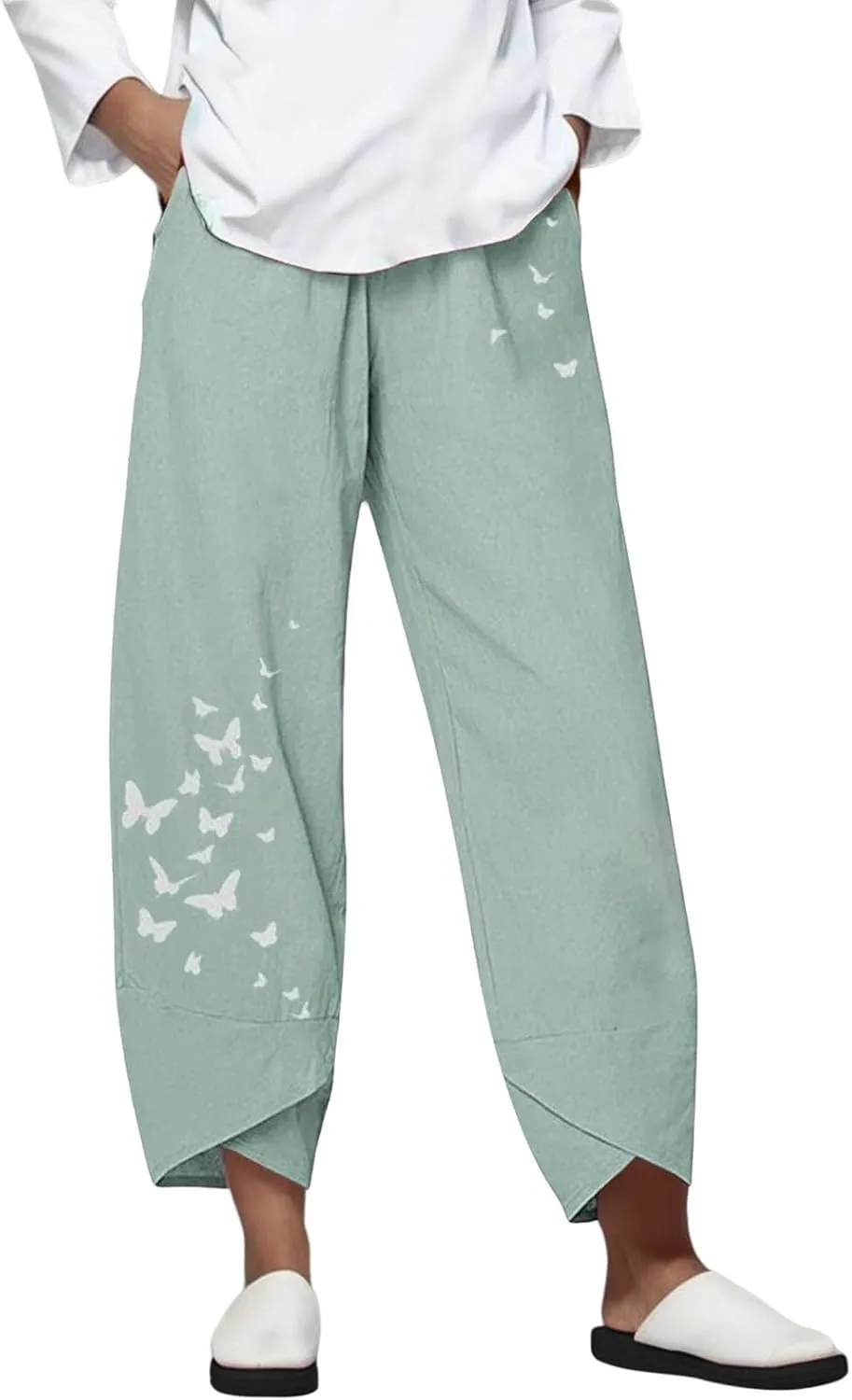 Linen Pants Women Casual Summer Capris Lightweight Cropped Pant Baggy Palazzo Pants Soft Wide Leg Trousers Pants with Pockets