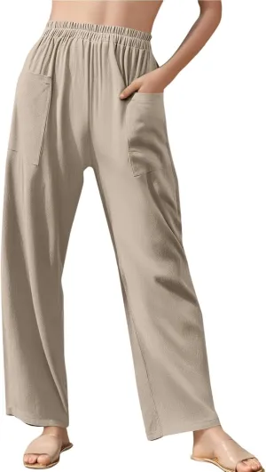 Linen Pants Women Casual Summer Wide Leg Pants High Waisted Trousers Lightweight Palazzo Pant with Pockets (S-2Xl)