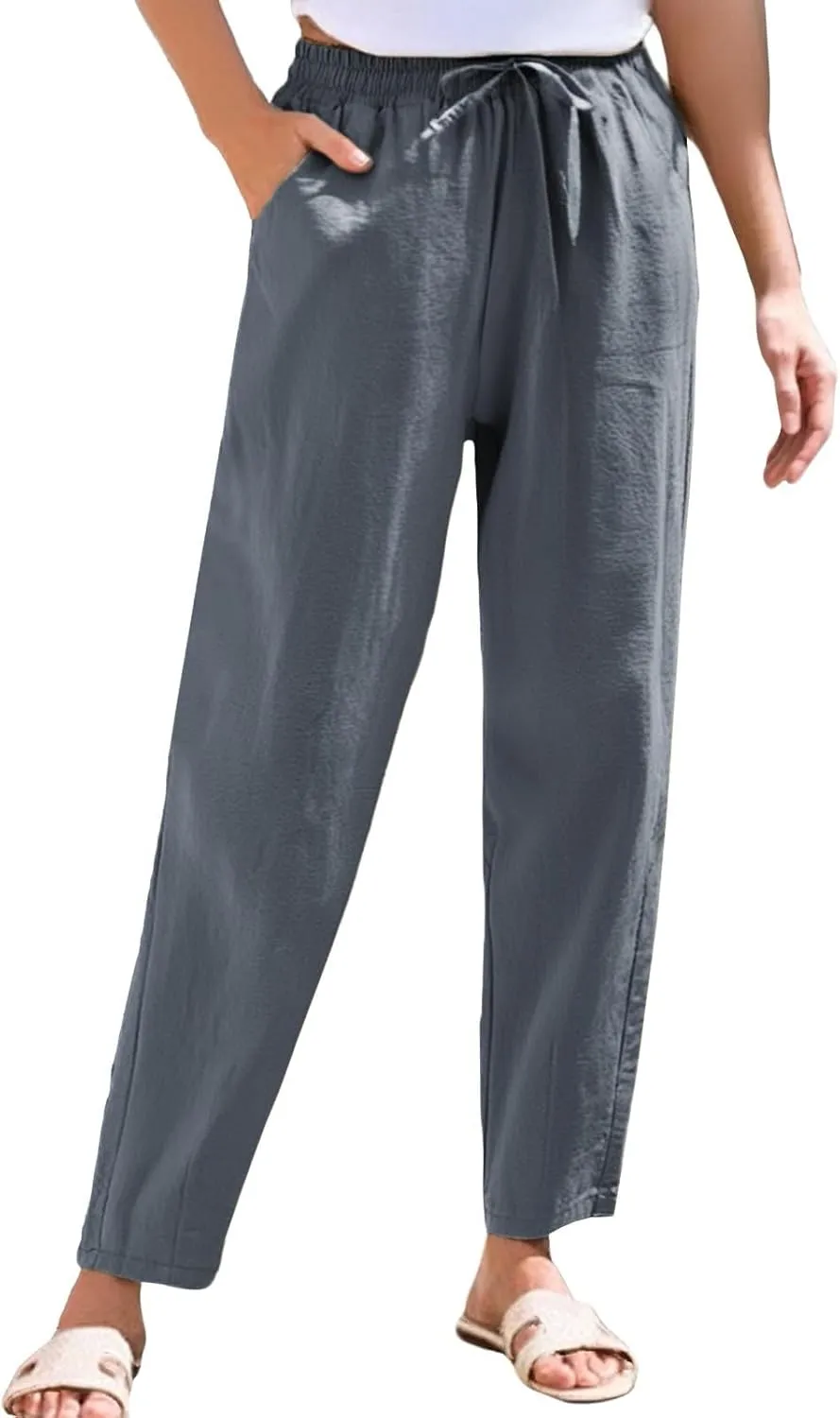 Linen Pants Women Casual Wide Leg Elastic Drawstring Pants Women Lounge Comfy Summer Beach Trousers with Pockets