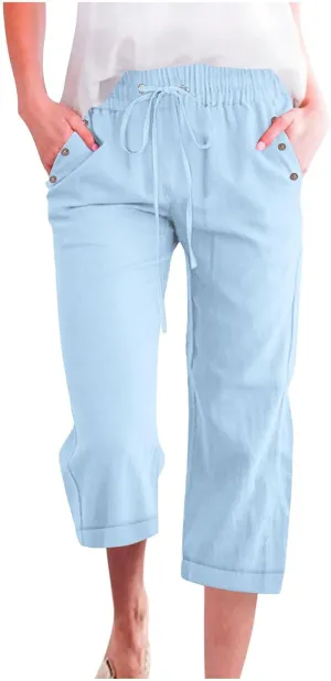 Linen Pants Women Cotton Linen Capris Pants Drawstring Elastic Waist Cropped Trousers Summer Pants with Pockets