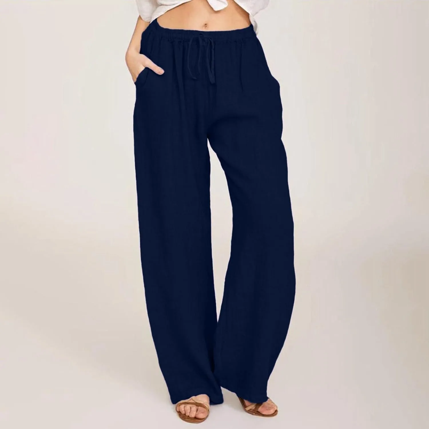 Linen Pants Women Elastic High Waisted Drawstring Petite Lounge Pants Palazzo Wide Leg Casual Summer Beach Trousers