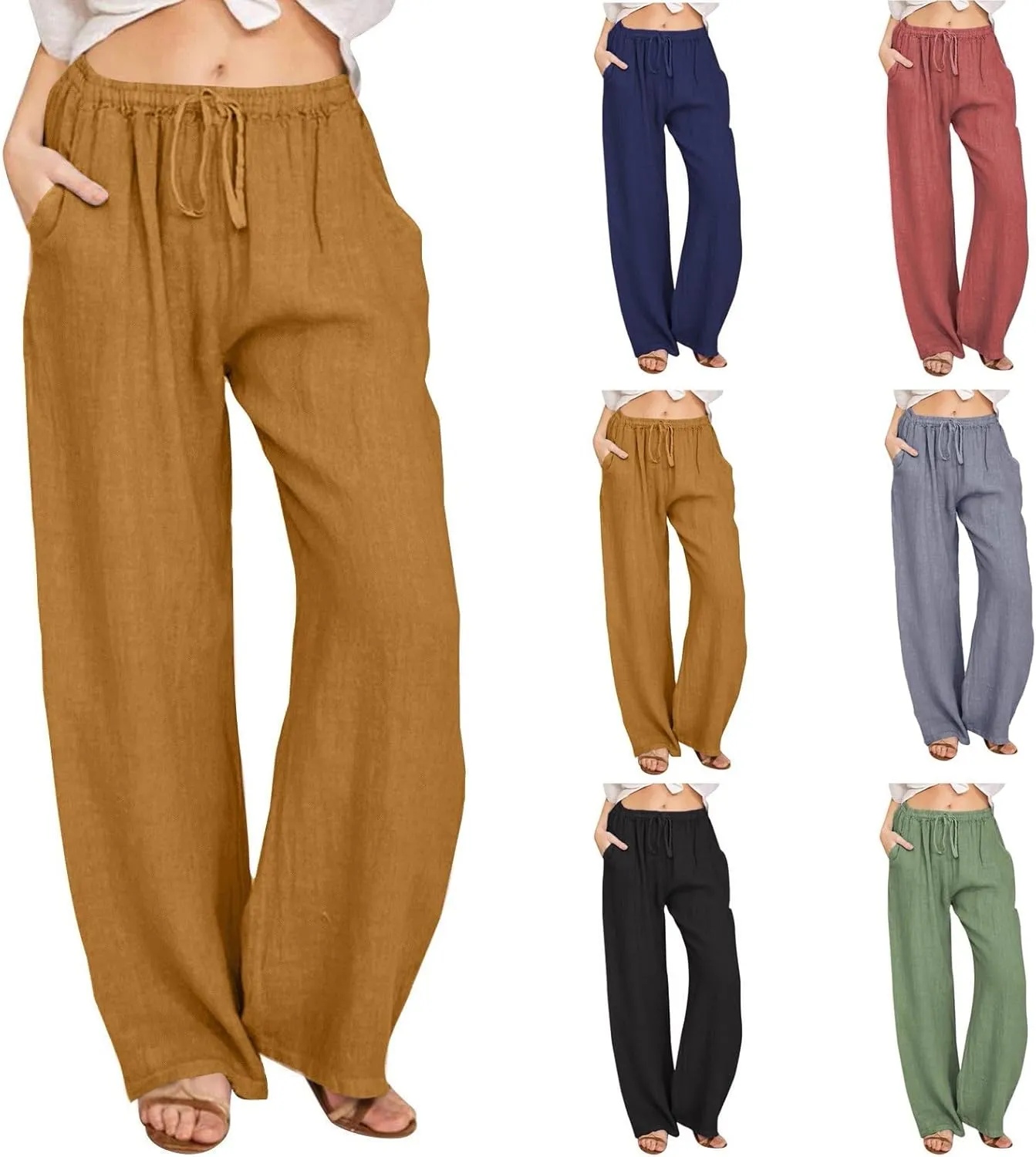 Linen Pants Women Elastic High Waisted Drawstring Petite Lounge Pants Palazzo Wide Leg Casual Summer Beach Trousers