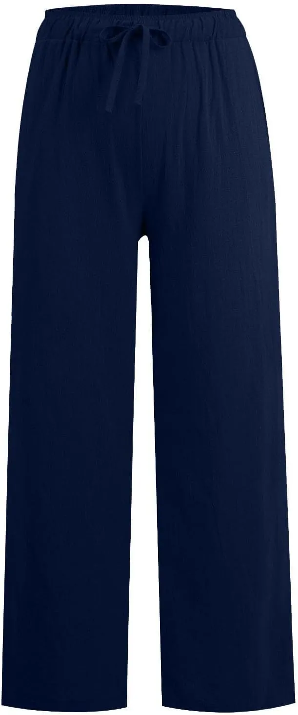 Linen Pants Women Elastic High Waisted Drawstring Petite Lounge Pants Palazzo Wide Leg Casual Summer Beach Trousers