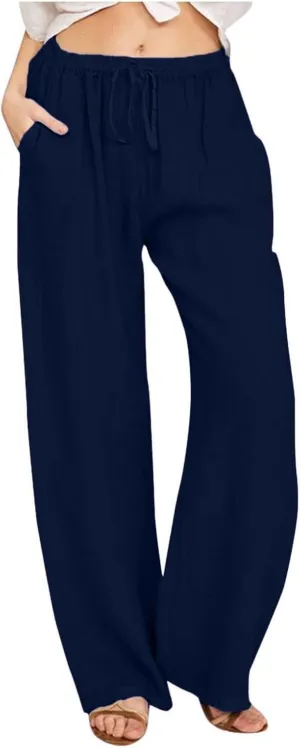 Linen Pants Women Elastic High Waisted Drawstring Petite Lounge Pants Palazzo Wide Leg Casual Summer Beach Trousers