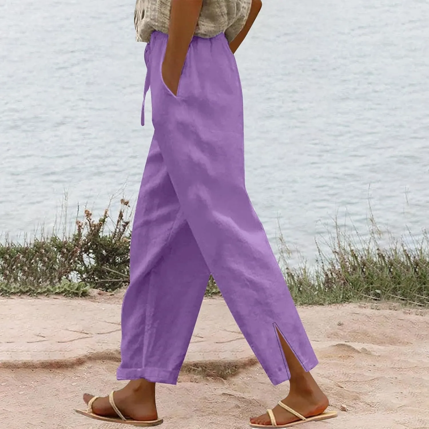 Linen Pants Women High Waisted Elastic Drawstring Beach Pants Casual Loose Lightweight Wide Leg Trousers with Pockets
