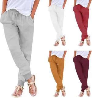 Linen Pants Women Jogger Pants Tapered Leg Summer Casual Drawstring Elastic Waist Lightweight Joggers with Pockets