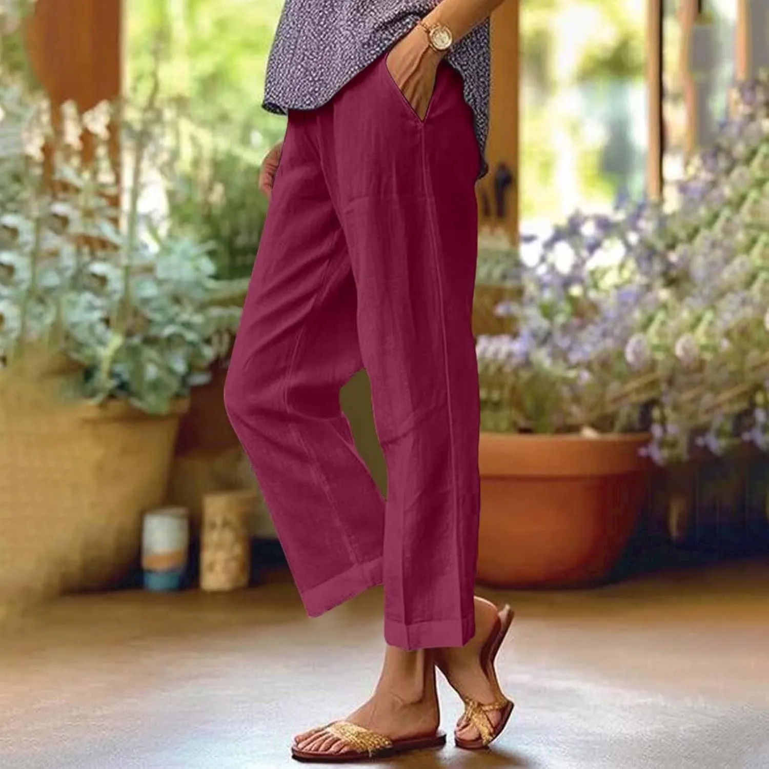 Linen Pants Women Plus Size Elastic Waist Straight Leg Crop Pants Casual Summer Capris with Pokcets Resort Wear 2025